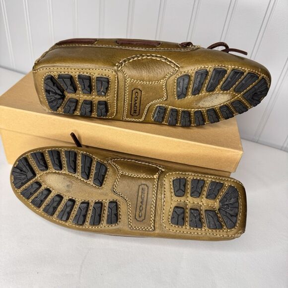 COACH Sz 7.5M Leather Slip On Moc Loafers J 204 Sage Green Moccasin Bow Driving - Picture 8 of 11